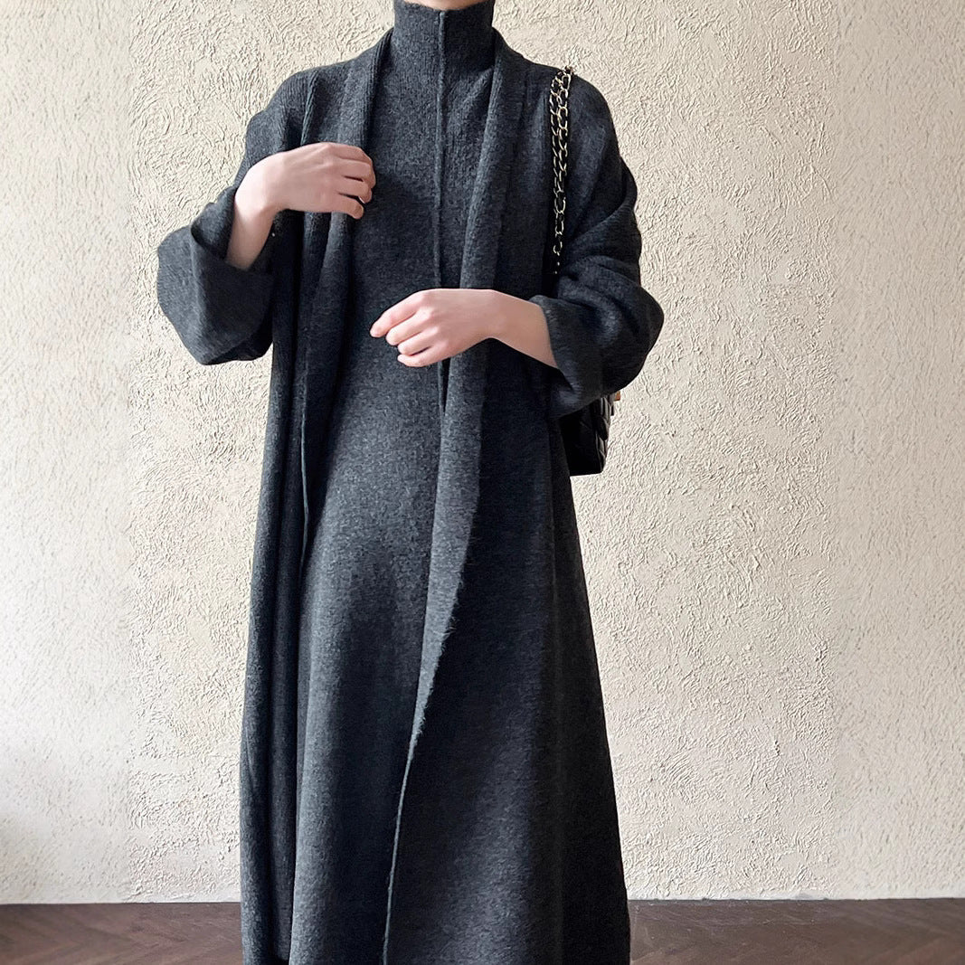 Damen Langer Strickmantel mit hohem Kragen und elegantem Schnitt R&B