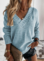 Damen gemütlicher Strickpullover mit V-Ausschnitt und überschnittenen Schultern R&B
