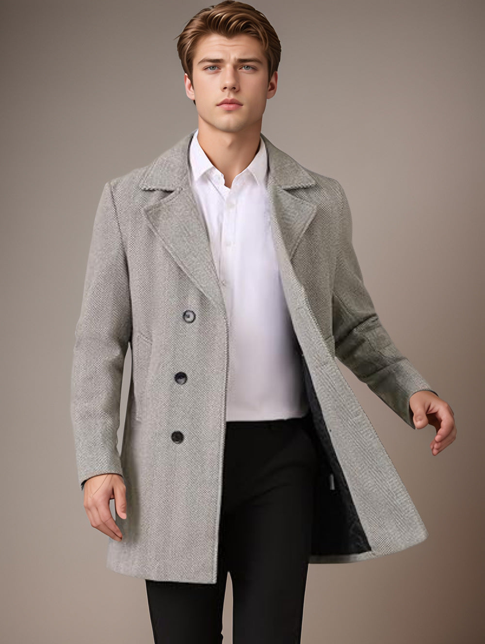 Herren eleganter Wende-Mantel mit doppelter Knopfleiste und verborgenem Gürtel R&B