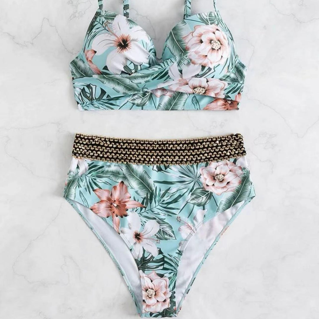 Damen Hochtaillierter Bikini mit floralem Oberteil R&B