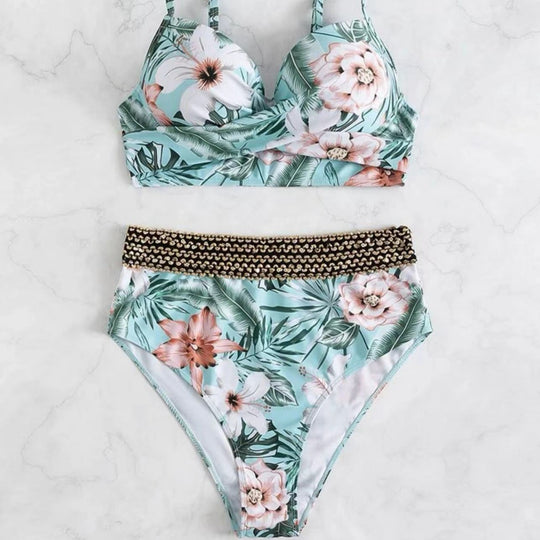 Damen Hochtaillierter Bikini mit floralem Oberteil R&B
