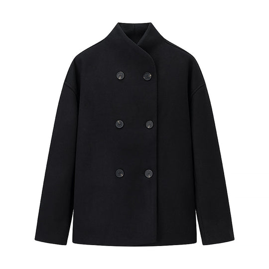 Damen Oversized Wolljacke mit doppelter Knopfleiste und modernem Stehkragen R&B