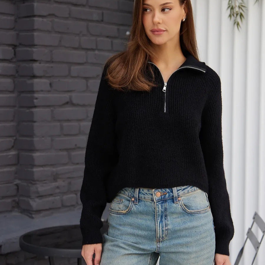 Damen Cozy Pullover mit Kragen und Reißverschluss R&B