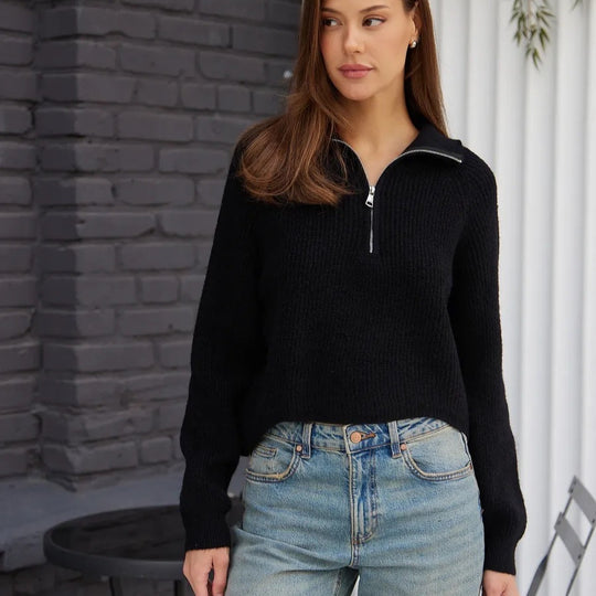Damen Cozy Pullover mit Kragen und Reißverschluss R&B