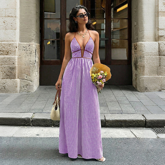 Damen Maxi-Kleid mit tiefem V-Ausschnitt und raffiniertem Streifenmuster R&B