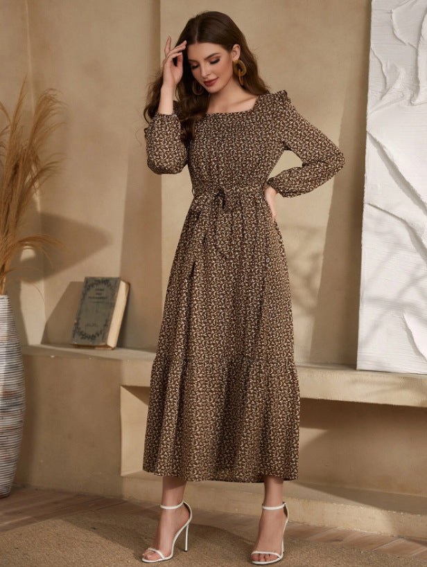 Damen Maxikleid im Boho-Stil mit weitem Rock und Taillengürtel R&B