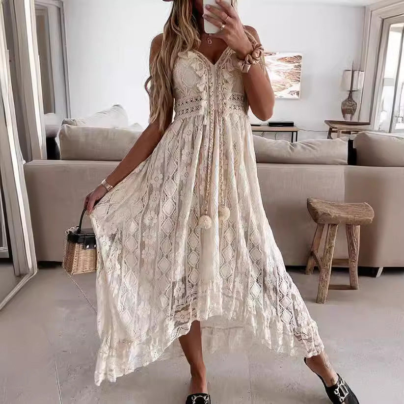 Damen Boho-Maxikleid mit Spitzenakzenten und dekorativen Quasten R&B