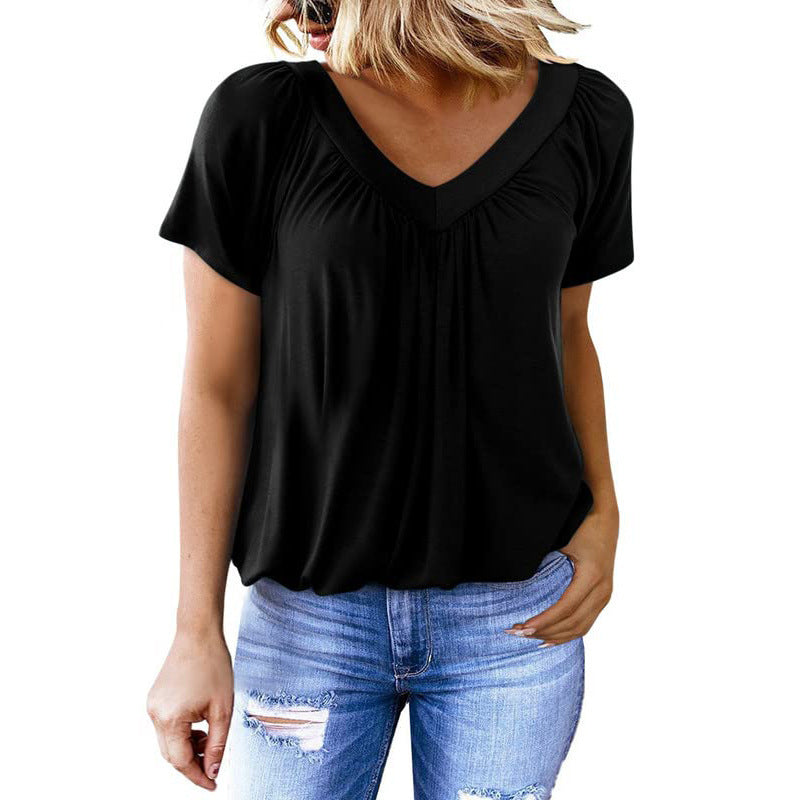 Damen luftige V-Ausschnitt Bluse mit Plissee und kurzen Ärmeln R&B