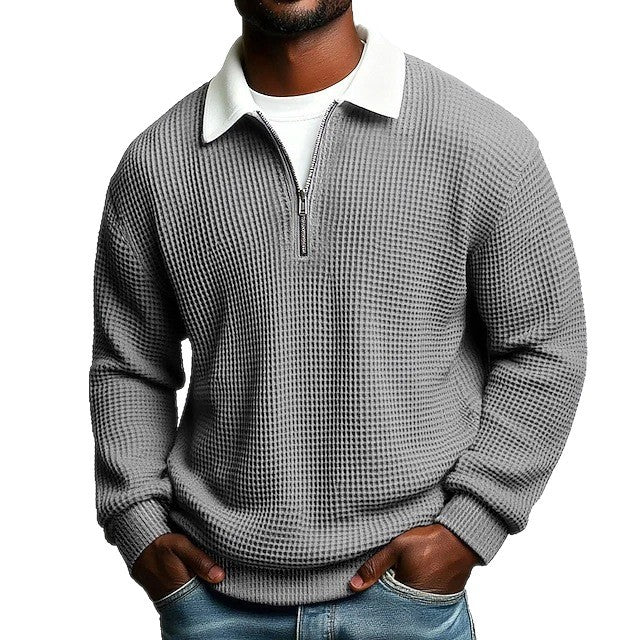 Herren nan strukturierter Waffelstrick-Pullover mit Polokragen und kurzem Reißverschluss R&B