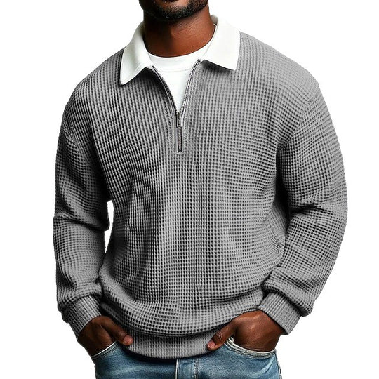 Herren nan strukturierter Waffelstrick-Pullover mit Polokragen und kurzem Reißverschluss R&B