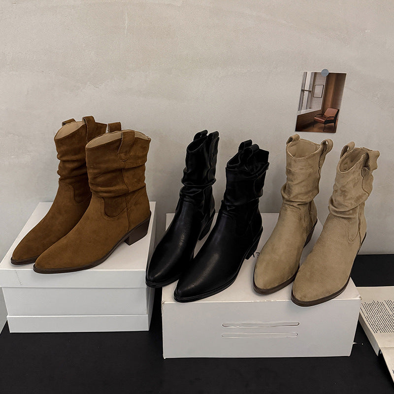 Damen Cowboy-Stiefel mit modischem Falten-Design und komfortablem Blockabsatz R&B