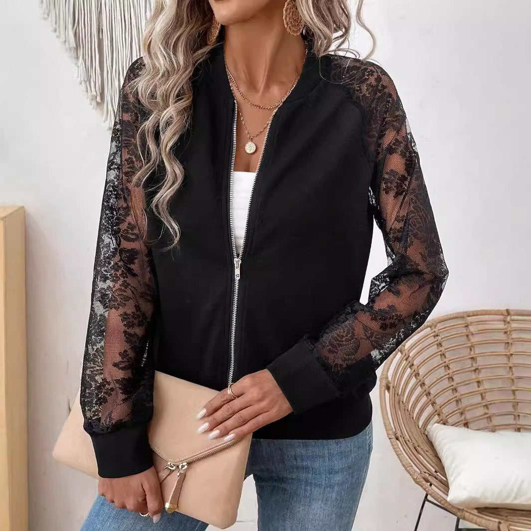 Damen nan leichte Bomberjacke mit floralen Spitzenärmeln und Reißverschluss R&B