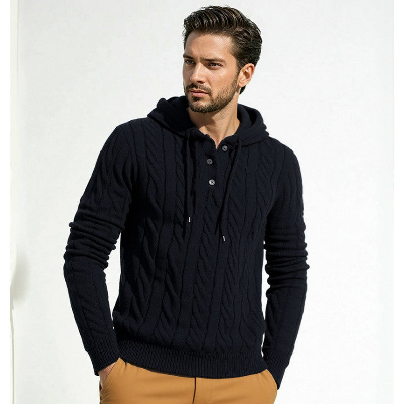 Herren stylischer Strickpullover mit Kapuze und Knopfdetails R&B