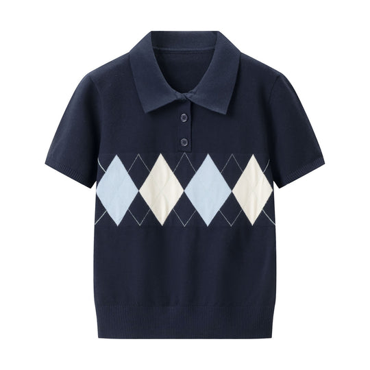 Damen Poloshirt mit modernem Rautenmuster und feinem Baumwollstoff R&B