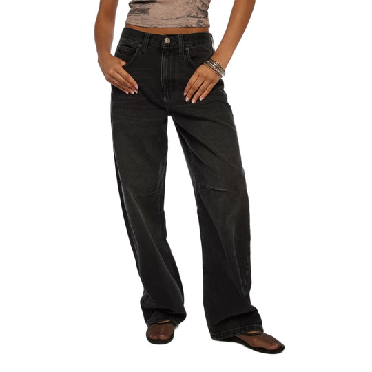Damen lässige weite Jeans mit hoch geschnittenem Bund und seitlichen Taschen R&B
