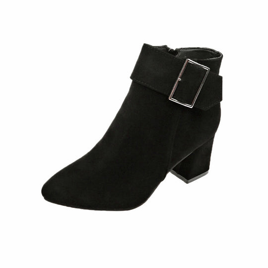 Damen nan elegante Wildlederoptik Stiefelette mit mittelhohem Blockabsatz und breitem Schnallenriemen R&B
