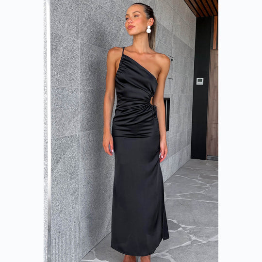 Damen Elegant Drapiertes Maxikleid mit asymmetrischem Schnitt und hohem Schlitz R&B