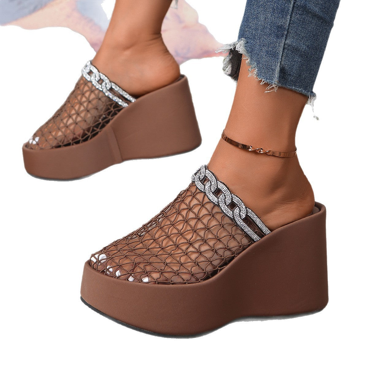 Damen Modische Plateau-Mules mit dekorativem Kettenbesatz R&B