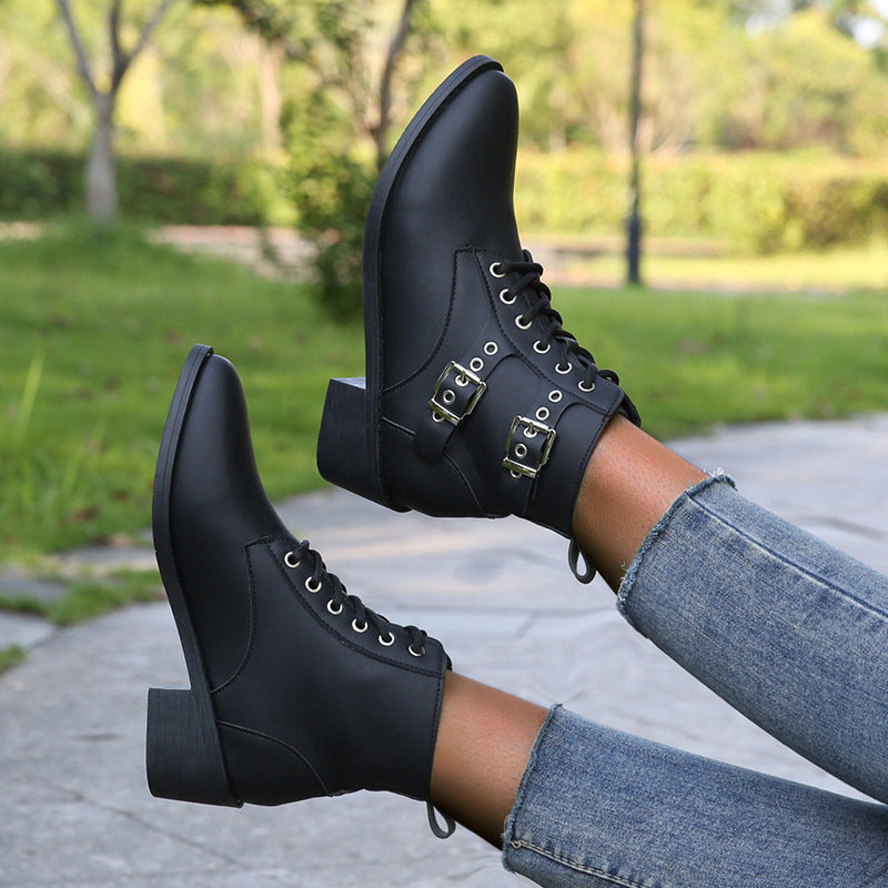 Damen modische Schnürstiefeletten mit praktischen Schnallen und robustem Absatz R&B