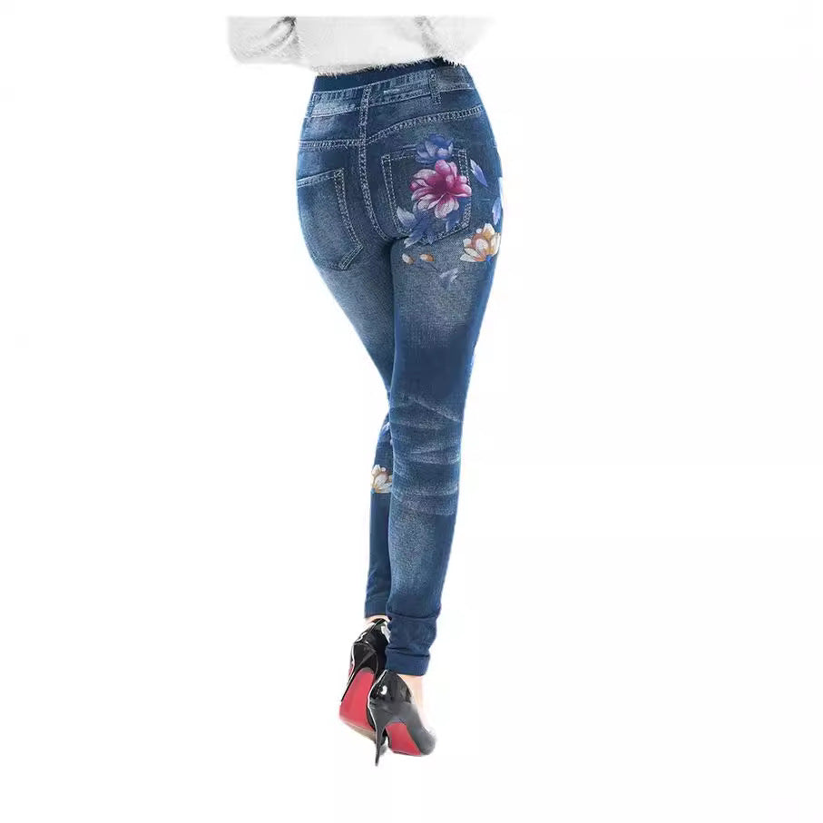 Damen High-Waist Jeansleggings mit floralen Applikationen R&B