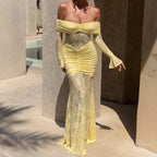 Damen Elegantes Spitzen-Maxikleid mit elegantem Off-Shoulder Design und Raffungen R&B