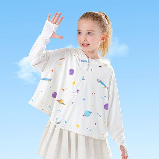 Unisex nan leichte UPF Sonnenschutz Kapuzenjacke für Kinder mit Daumenlöchern und planetarischem Druck R&B