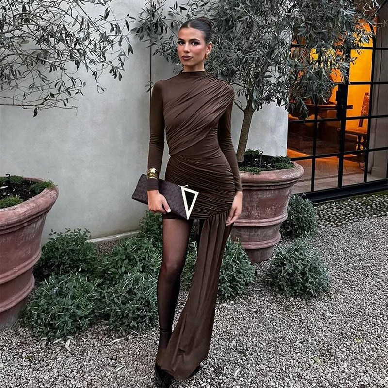 Damen elegantes Wickelkleid mit asymmetrischem Saum und figurbetonter Raffung EB