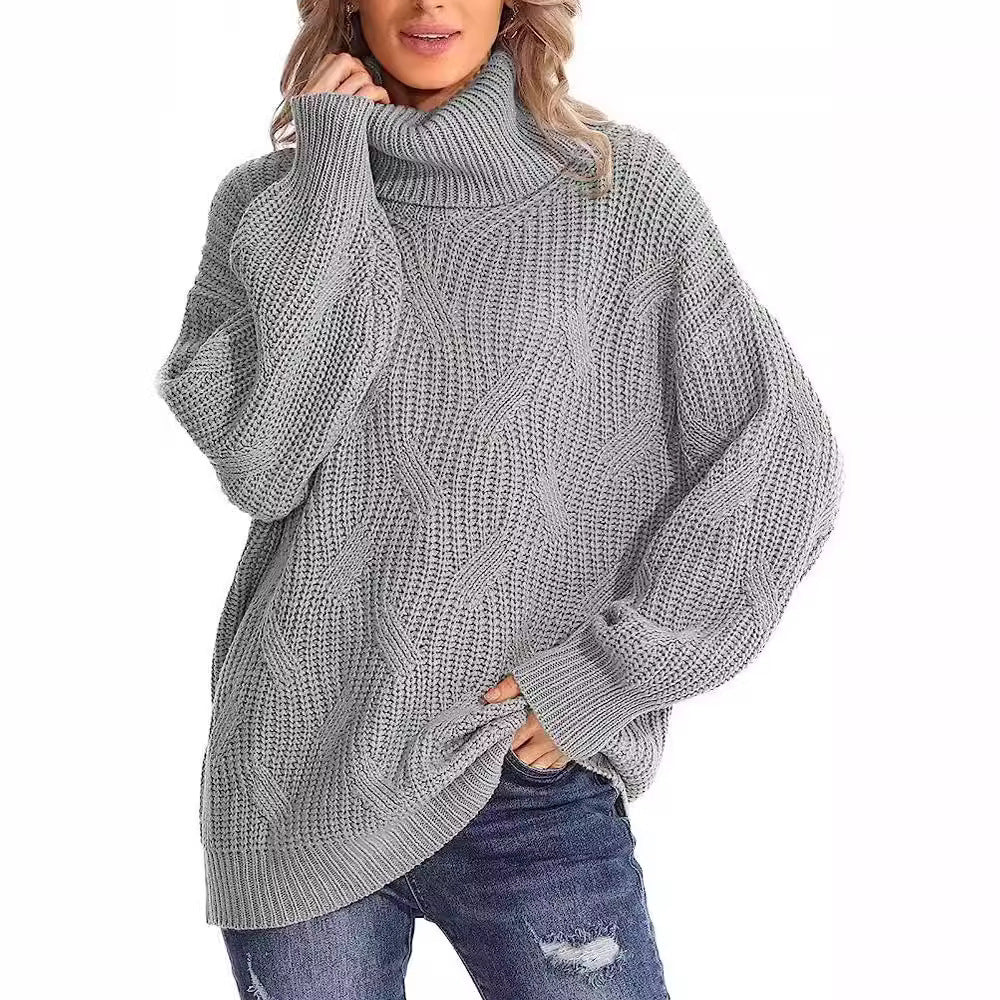 Damen Grobstrickpullover mit hohem Kragen und strukturiertem Zopfmuster R&B