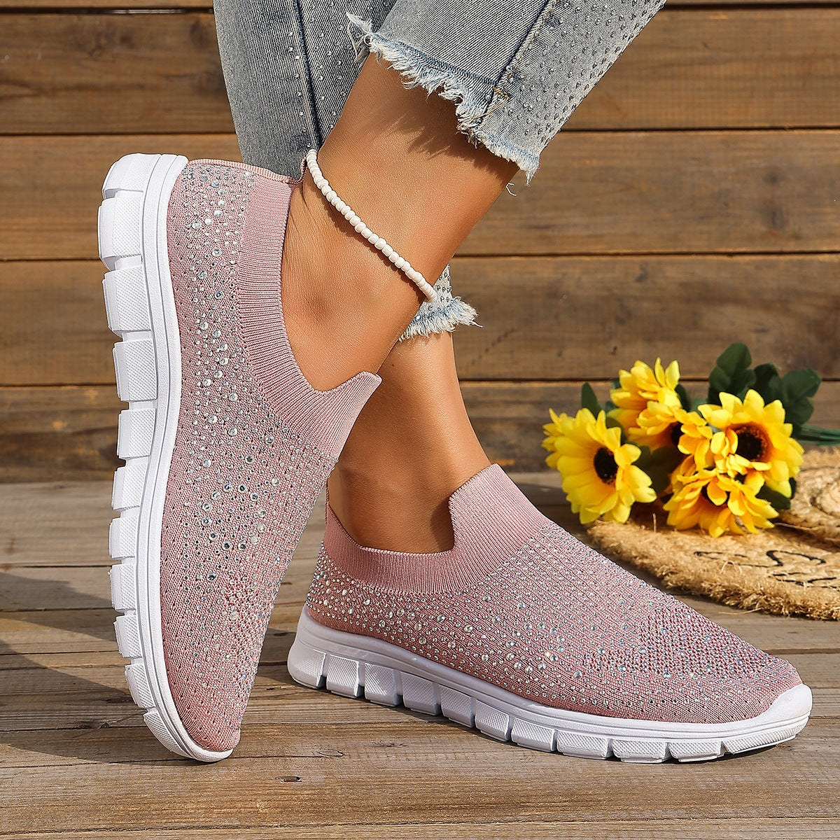 Damen Slip-On Sneakers mit funkelnden Strass-Applikationen R&B