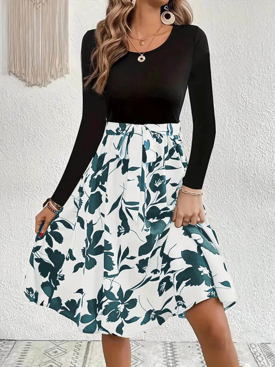 Damen Elegantes Midikleid mit floralem Print und gesmoktem Oberteil R&B