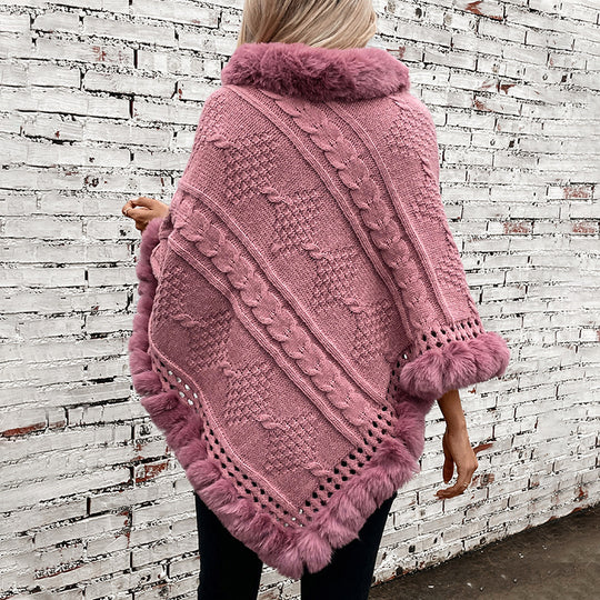 Damen kuscheliger Strickponcho mit samtigem Fellbesatz R&B