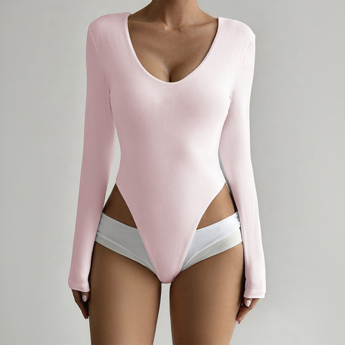 Damen Figurumspielender Langarm-Bodysuit mit tiefem Ausschnitt R&B
