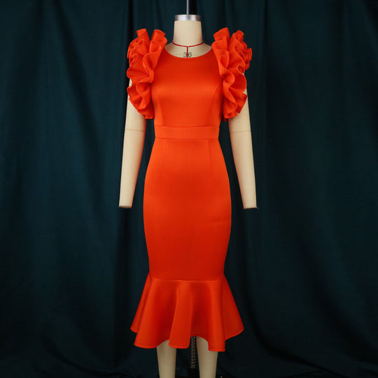 Damen figurbetontes Kleid mit voluminösen Rüschensäumen R&B
