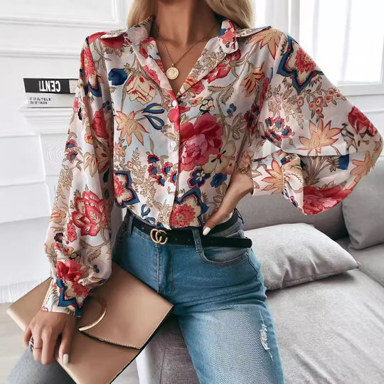 Damen elegante Bluse mit floralem Muster und modernen Puffärmeln R&B