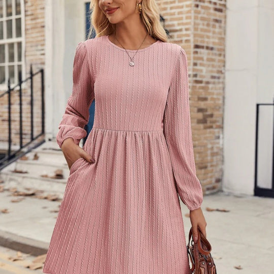 Damen Rippstrick A-Linien Kleid mit Puffärmeln R&B