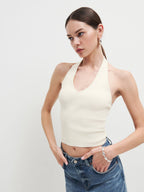 Damen figurbetontes Haltertop mit tiefem V-Ausschnitt und Rippstruktur R&B