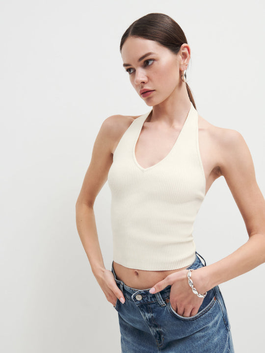 Damen figurbetontes Haltertop mit tiefem V-Ausschnitt und Rippstruktur R&B