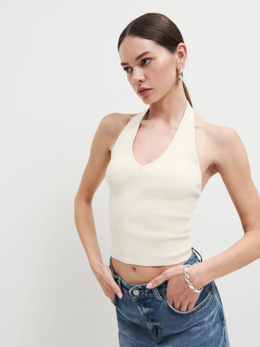 Damen figurbetontes Haltertop mit tiefem V-Ausschnitt und Rippstruktur R&B