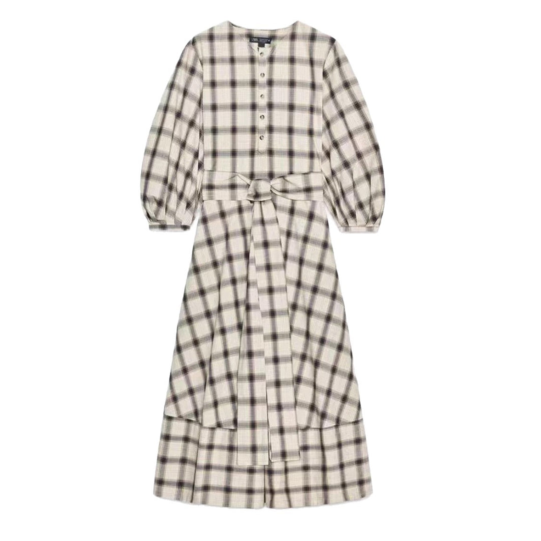 Damen nan kariertes Midikleid mit Ballonärmeln, Taillengürtel und Zierknopfleiste R&B