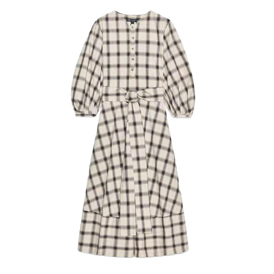 Damen nan kariertes Midikleid mit Ballonärmeln, Taillengürtel und Zierknopfleiste R&B