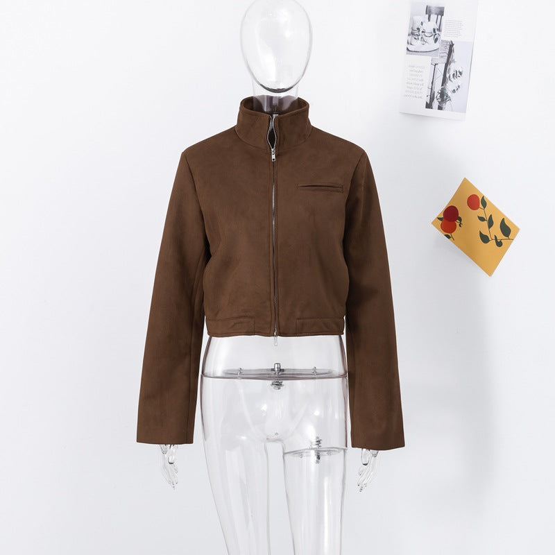 Damen Kurze Veloursjacke mit Stehkragen und seitlichem Reißverschluss R&B