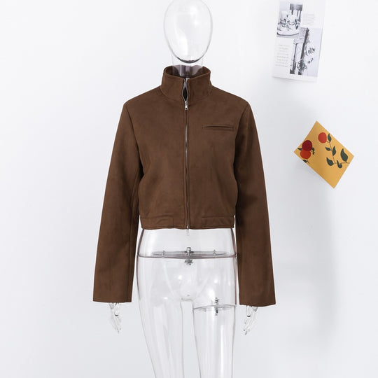Damen Kurze Veloursjacke mit Stehkragen und seitlichem Reißverschluss R&B