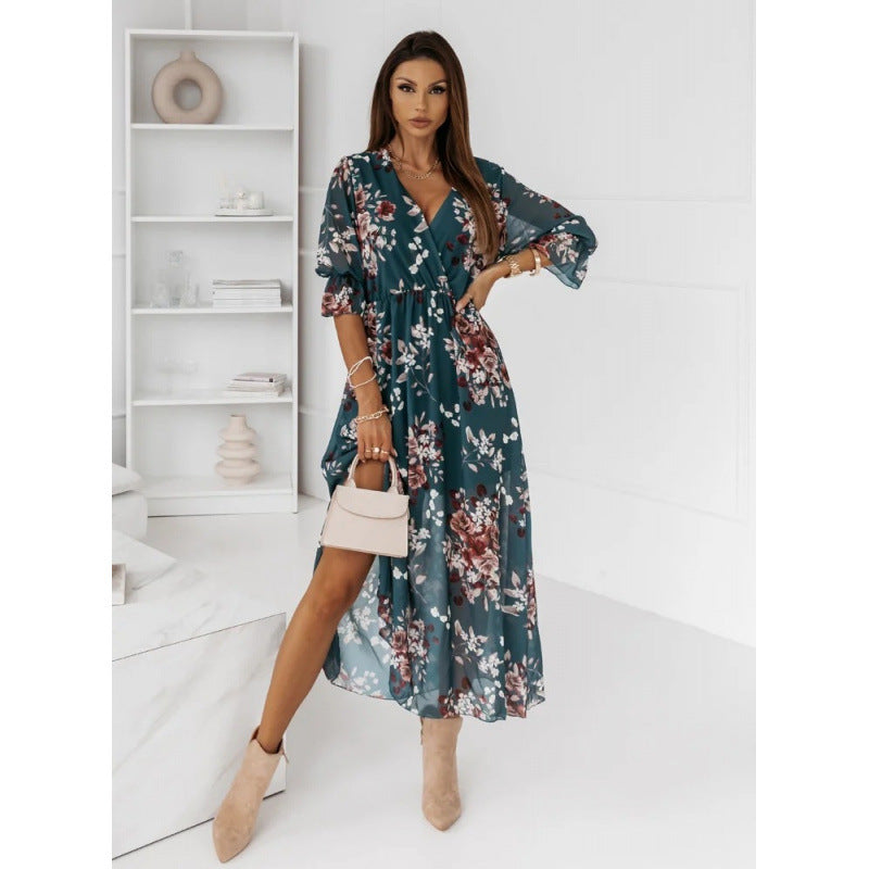 Damen elegantes Maxikleid mit animalischen Mustern und modischem Schlitz R&B
