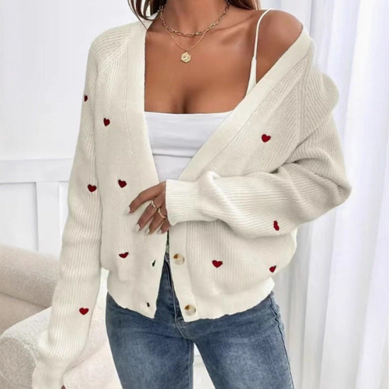Damen Strickjacke mit Herzapplikationen und Knopfdesign R&B