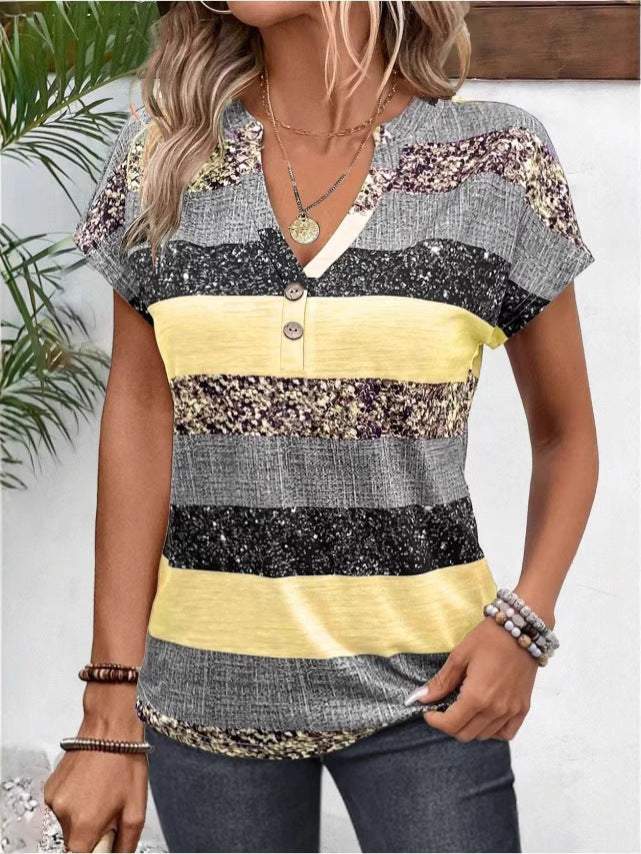 Damen Kurzarm Blusenshirt mit ansprechendem Streifendesign und dekorativen Knopfdetails Heidi-Mode