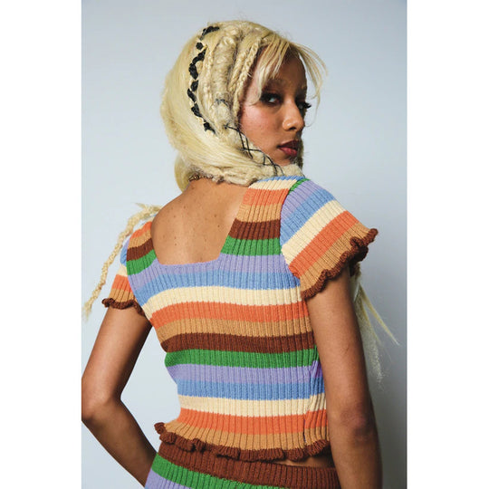 Damen figurbetontes Crop-Top mit modischen Streifen und Rüschendetails R&B
