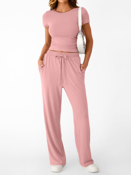 Damen lässiger Freizeitanzug mit kurzen Ärmel und weiten Hosen R&B