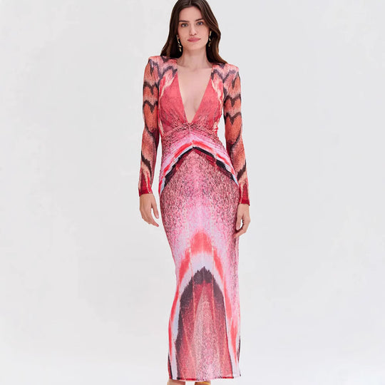 Damen elegantes bodenlanges Kleid mit tiefem V-Ausschnitt und raffinierten Ärmel-Details R&B