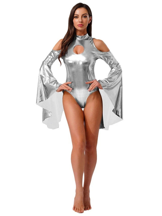 Damen Body mit schulterfreien Ärmeln und glamourösem Glanz R&B