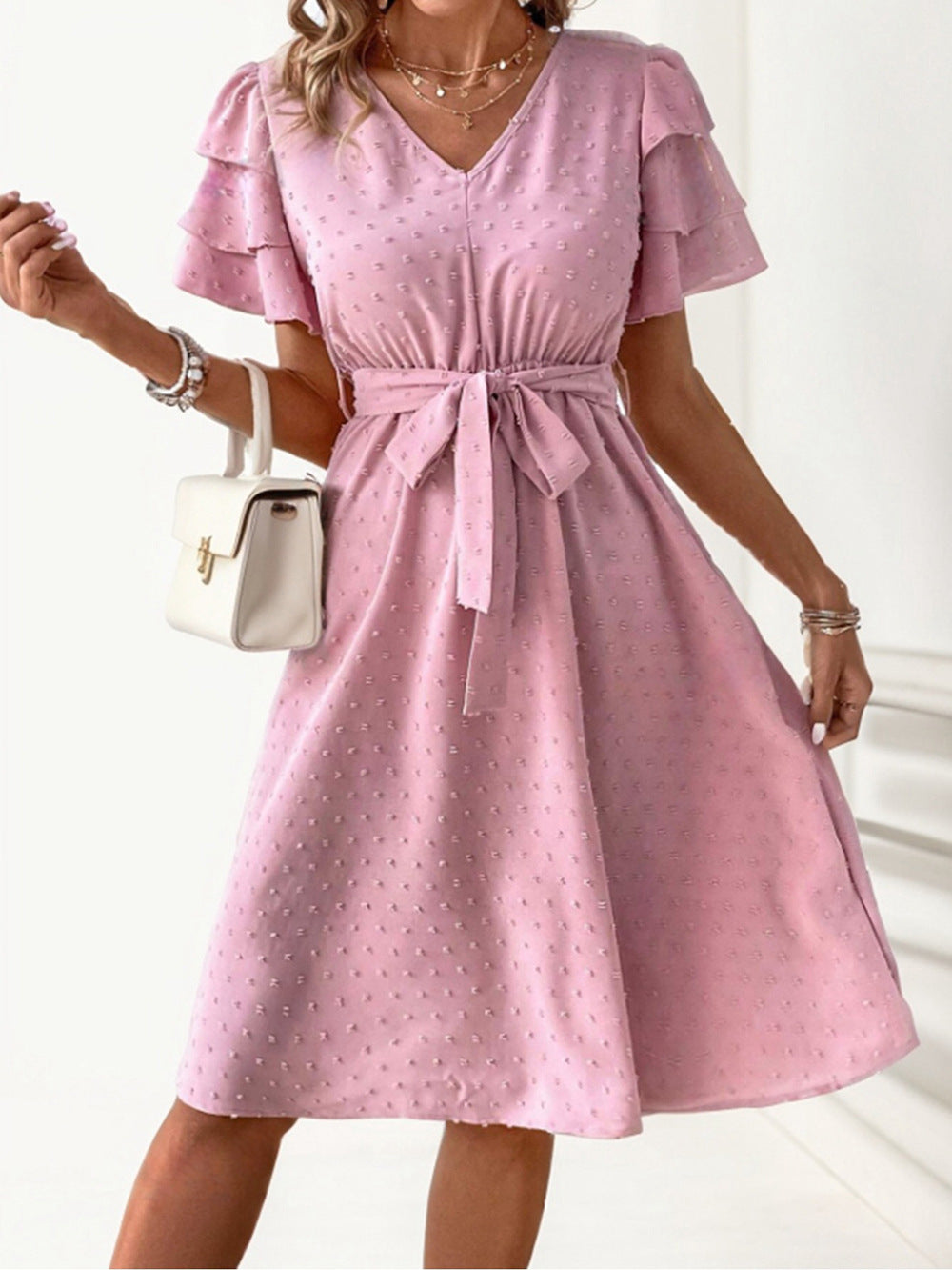 Damen Midi-Kleid mit schickem V-Ausschnitt und voluminösen Rüschensäumen R&B